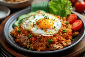 AI generated Spicy fried rice with fried egg,generative ai photo