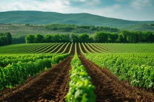 AI generated Panoramica View Ofcolorful Fields, and Rows of Currant Bush Seedlings as A Background Composition. generative ai photo