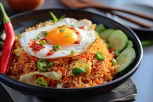 AI generated Spicy fried rice with fried egg,generative ai photo
