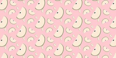 Vector seamless pattern with Apples on Pink background. Fruit Slices of varieties, cripps pink, empire, fuji, gala, golden, granny smith. Fresh and Healthy template for Textile, Wrapping paper, Decor.