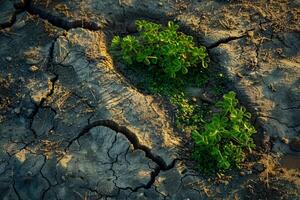 ai generado un verde planta huella en agrietado tierra simboliza el regenerador potencial en contra el humano carbón huella. foto