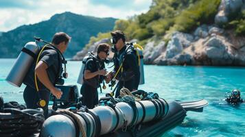 ai generado grupo de amigos en un semi rígido barco con escafandra autónoma buceo engranaje. foto