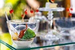 Buffet table with cold appetizers and aperitifs. Modern design of ball plates. Selective focus. Close up photo