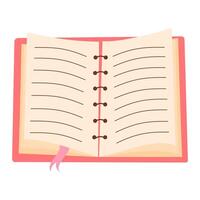 Open spiral-bound book with bookmark. Ring-bound notebook with empty lined paper sheets. vector