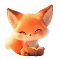 ai généré mignonne Renard 3d dessin animé personnageen train de lire une livre png