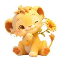 ai généré mignonne bébé Lion 3d dessin animé personnage une fleur png