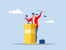 Law and justice scenes.businessman attorney or lawyer holding gavel and equality scale on other hand.lawyer consulting client, judge knocking with wooden hammer. Flat cartoon vector illustration