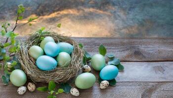 ai generado Pascua de Resurrección huevos en un cesta en un de madera base foto