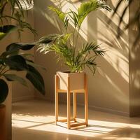 AI generated Highlight Plant Stand Amid Lush Greenery with Natural Light and Soft Shadows. ai generated. photo