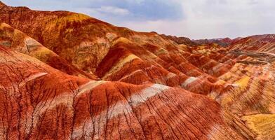 Amazing scenery of china mountains and blue sky background in sunset. Zhangye Danxia National Geopark, Gansu, China. Colorful landscape, rainbow hills, unusual colored rocks, sandstone erosion photo