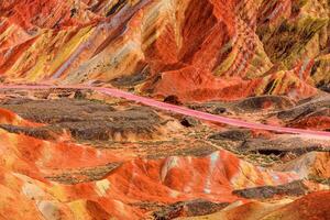 Amazing scenery of china mountains and blue sky background in sunset. Zhangye Danxia National Geopark, Gansu, China. Colorful landscape, rainbow hills, unusual colored rocks, sandstone erosion photo