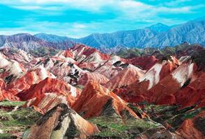 Amazing scenery of china mountains and blue sky background in sunset. Zhangye Danxia National Geopark, Gansu, China. Colorful landscape, rainbow hills, unusual colored rocks, sandstone erosion photo