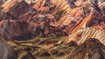 Amazing scenery of china mountains and blue sky background in sunset. Zhangye Danxia National Geopark, Gansu, China. Colorful landscape, rainbow hills, unusual colored rocks, sandstone erosion photo