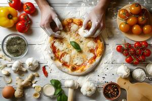 ai generado un persona es haciendo un Pizza con ingredientes tal como Tomates, ajo, y queso. foto