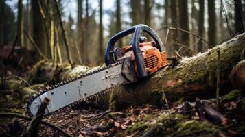 AI generated A lumberjack's chainsaw lies in the forest, cutting trees, worker photo