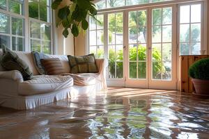 AI Generated Home Floor Flooded, Showcasing Water Damage And Potential Issues photo