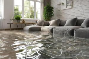 AI Generated Home Floor Flooded, Showcasing Water Damage And Potential Issues photo