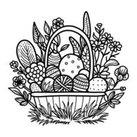 Festive Easter basket, cute egg hunter with Easter eggs, spring flowers, on a white isolated background. Good coloring books for children and adults. vector