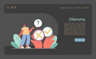 Dilemma concept. A person contemplates choices, illustrated by a yes-no decision symbol. vector