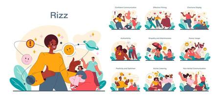 Rizz concept set. Expressive scenes of social interaction and self-presentation. vector