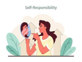 Self-Responsibility concept. A person examines their reflection, symbolizing introspection. vector