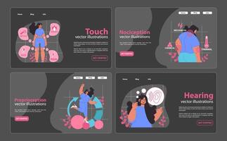 Comprehensive senses web banners set. Touch, nociception, proprioception. vector