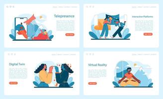 Virtual Tourism set. Telepresence, interactive platforms, digital twins vector