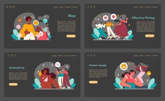 Rizz concept set. Interactive layouts featuring rizz, authenticity, effective flirting, and humor usage. vector