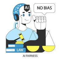 AI ethics. AI robotic system voicing No Bias with balanced scales. Justice vector