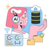 Enthusiastic individual explores AI capabilities. Flat vector illustration.