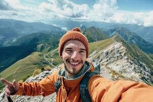 AI generated a man taking a selfie on top of a mountainc photo