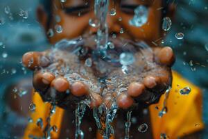 ai generado de cerca un niño manos atrapando fluido grifo agua. generativo ai. foto