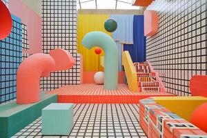 AI Generated abstract background of playful convergence of 2D pop-art graphics and 3D geometric shapes creating a vibrant multiverse portal, embodying high-energy and big-impact visuals photo