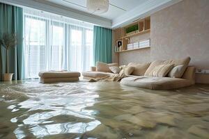 AI Generated Home Floor Flooded, Showcasing Water Damage And Potential Issues photo