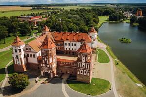 View from the height of the Mir Castle in Belarus and the park on a summer day.Belarus photo