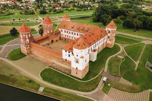 View from the height of the Mir Castle in Belarus and the park on a summer day.Belarus photo