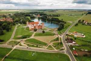 View from the height of the Mir Castle in Belarus and the park on a summer day.Belarus photo