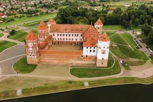 View from the height of the Mir Castle in Belarus and the park on a summer day.Belarus photo