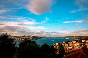 Istanbul view. Bosphorus or 15th july martyrs' bridge at sunset photo