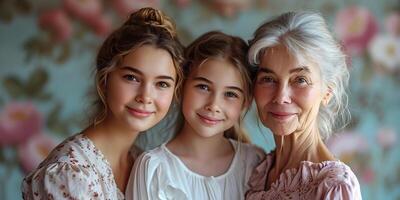 ai generado retrato de un abuela y dos nietas, contento familia abrazando con amar, sensibilidad a hogar, unión, sonriente. de la madre o internacional De las mujeres día concepto. foto