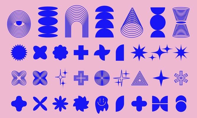 Brutalist abstract geometric shapes and grids.Trendy geometric neo brutalism forms,pink and blue colors. Simple contemporary shapes forms,symbols.Vector illustration