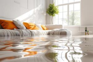 ai generado hogar piso inundado, exhibiendo agua dañar y potencial cuestiones foto