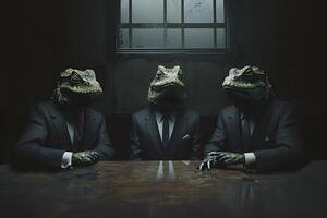 AI Generated Three reptile men in business suits sitting at the table in dark room, secret world government concept photo