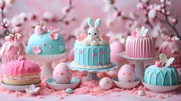 AI generated Composition in soft pastel blue colors with Easter sweets photo