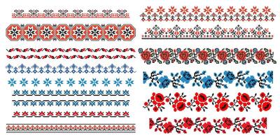 Red and blue colors Ukrainian ornaments,patterns,borders in pixel style vector