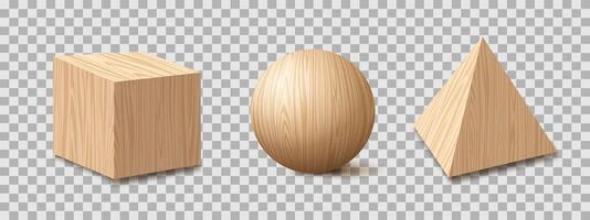 realista de madera texturizado cubo, bola, pirámide 3d estilo vector