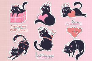 set of stickers for Valentine's Day with a cheerful black cat and puns. vector