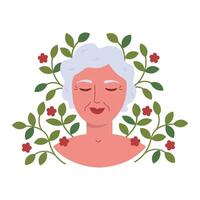 Portrait beautiful old woman with wrinkles, plants and flowers hand drawn flat vector illustration. Concept of mental health, self care. Happy elderly woman feel confident, relax, accept, love herself