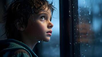 ai generado un niño miradas fuera desde un salpicado de lluvia ventana, cautivado por el rítmico patrones de gotas de lluvia. ai generado foto