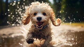 ai generado un dañoso caniche alegremente salpicaduras mediante un charco,. ai generado foto